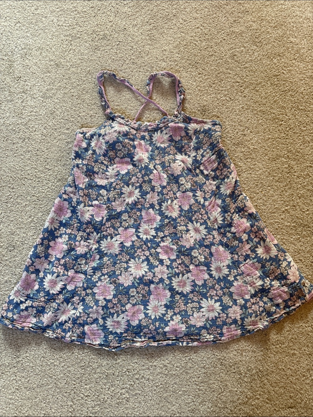 American Eagle Blue Floral Strappy Sundress with Pink & Cream Flowers